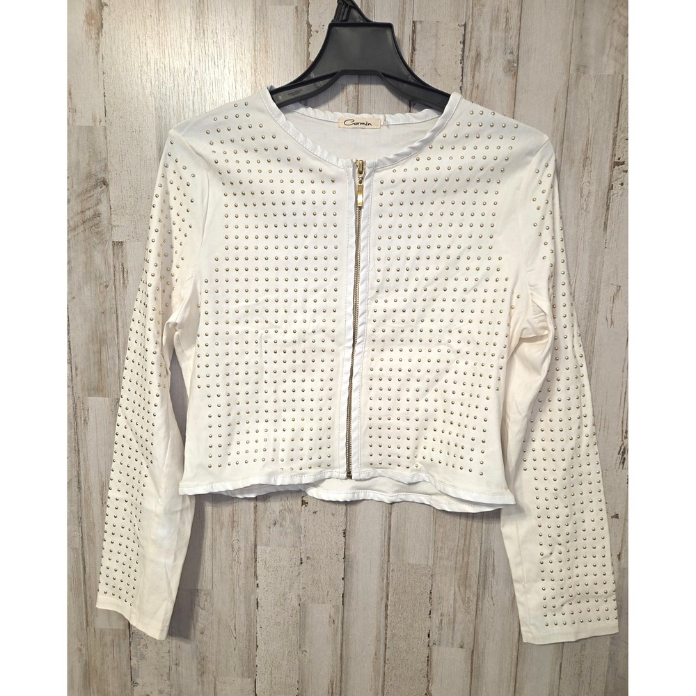 Carmin size L Zip Crop Jacket Top Studded Stretch Cotton Faux-leather Trim Crop